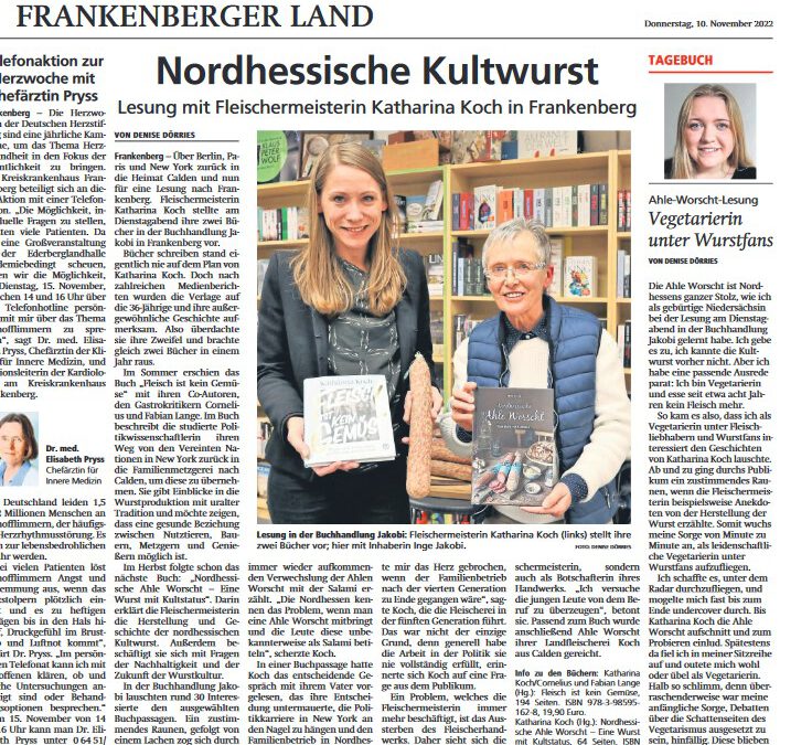 Nordhessische Kultwurst – Lesung mit Fleischermeisterin Katharina Koch in Frankenberg (HNA, 10.11.2022)